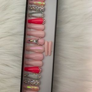 Pink bling and fire press on nails